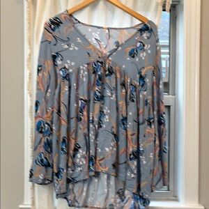 Free People Floral Blouse in Blue and Orange